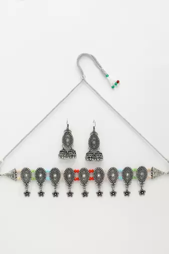 Women silver-plated choke oxidized necklace with jhumka earrings
