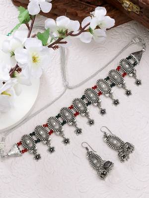 Women silver-plated choke oxidized necklace with jhumka earrings 1