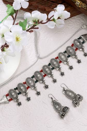 Women silver-plated choke oxidized necklace with jhumka earrings