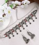 Women silver-plated choke oxidized necklace with jhumka earrings