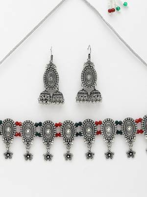 Women silver-plated choke oxidized necklace with jhumka earrings 2