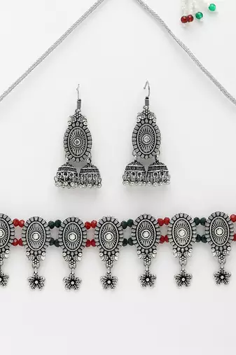 Women silver-plated choke oxidized necklace with jhumka earrings