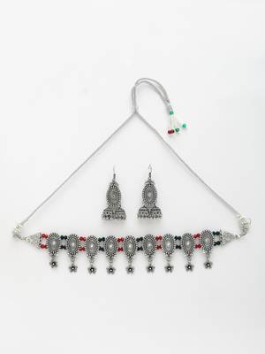 Women silver-plated choke oxidized necklace with jhumka earrings 3