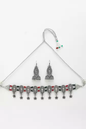 Women silver-plated choke oxidized necklace with jhumka earrings