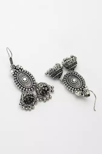 Women silver-plated choke oxidized necklace with jhumka earrings