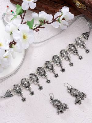 Women silver-plated choke oxidized necklace with jhumka earrings 1