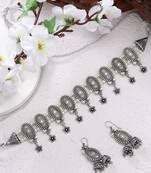 Women silver-plated choke oxidized necklace with jhumka earrings