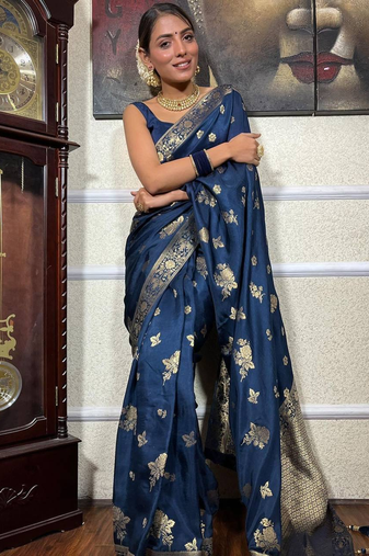 Blue Designer Weaving Jacquard Banarasi silk blend Traditional Saree