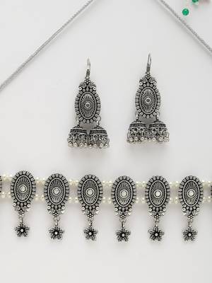 Women silver-plated choke oxidized necklace with jhumka earrings 2