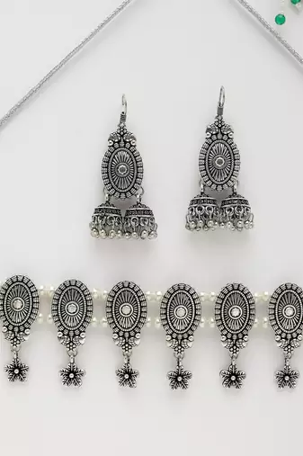 Women silver-plated choke oxidized necklace with jhumka earrings