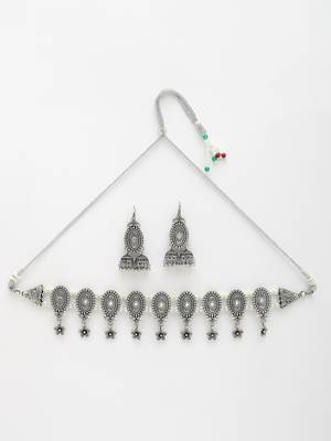 Women silver-plated choke oxidized necklace with jhumka earrings 3