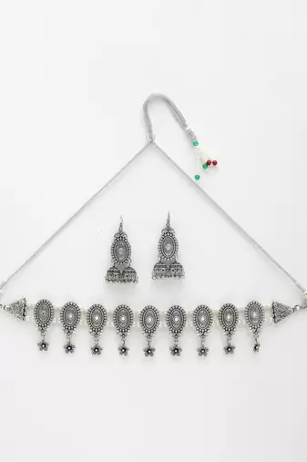 Women silver-plated choke oxidized necklace with jhumka earrings