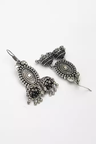 Women silver-plated choke oxidized necklace with jhumka earrings