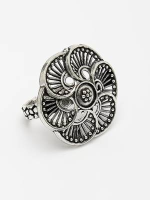 Women silver-toned floral shape adjustable finger ring 3