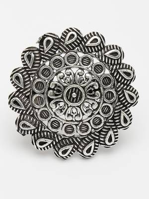 Women silver-toned floral shape adjustable finger ring 2