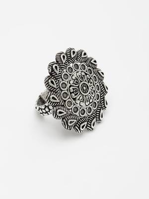 Women silver-toned floral shape adjustable finger ring 3