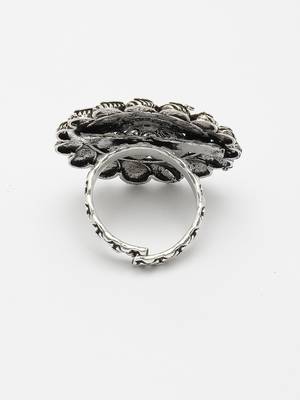 Women silver-toned floral shape adjustable finger ring 4