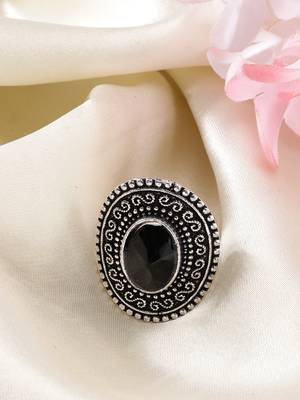 Women black silver-toned german silver adjustable finger ring 1
