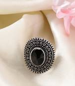 Women black silver-toned german silver adjustable finger ring