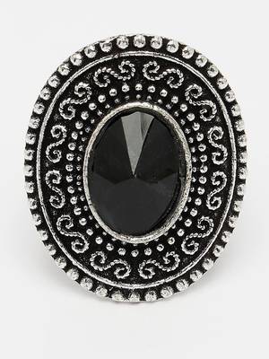 Women black silver-toned german silver adjustable finger ring 2