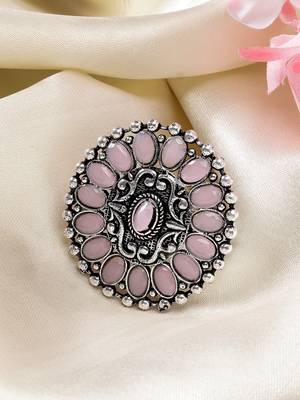 Women pink silver-plated circular shape adjustable finger ring 1