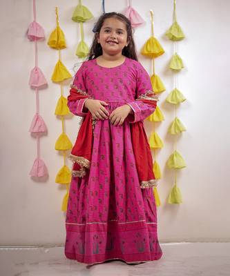 Pink block printed anarkali with dupatta. 1