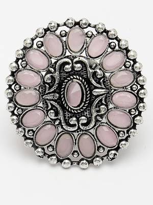 Women pink silver-plated circular shape adjustable finger ring 2