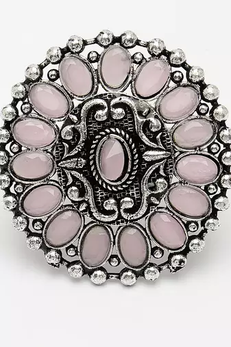Women pink silver-plated circular shape adjustable finger ring