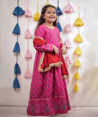 Pink block printed anarkali with dupatta. 2