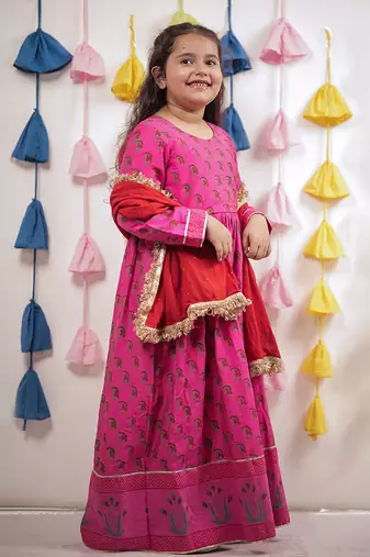Pink block printed anarkali with dupatta.