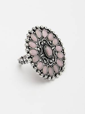 Women pink silver-plated circular shape adjustable finger ring 3