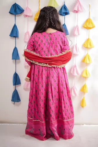 Pink block printed anarkali with dupatta.