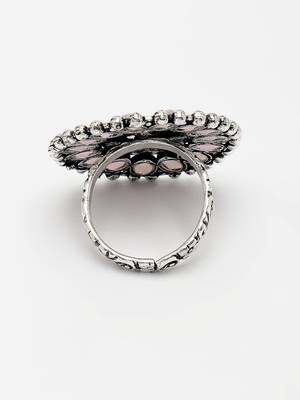 Women pink silver-plated circular shape adjustable finger ring 4