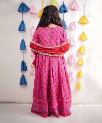 Pink block printed anarkali with dupatta. 4