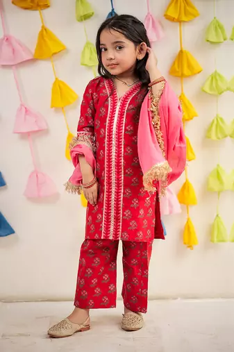 Red block printed kurta with pant and dupatta.