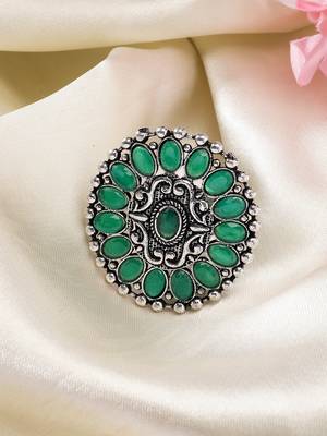 Women green silver-plated circular shape adjustable finger ring 1