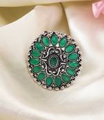 Women green silver-plated circular shape adjustable finger ring