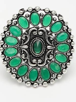 Women green silver-plated circular shape adjustable finger ring 2