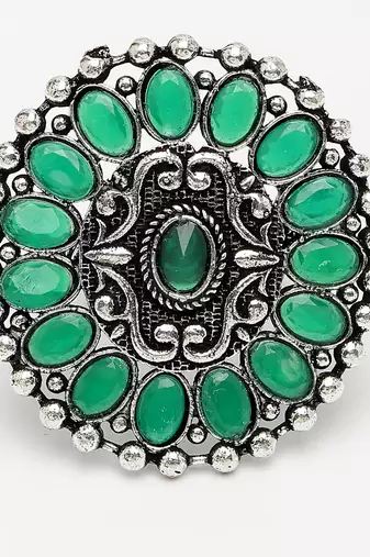 Women green silver-plated circular shape adjustable finger ring