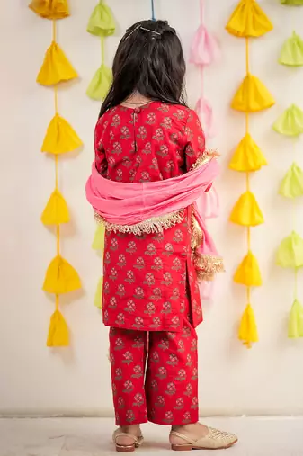 Red block printed kurta with pant and dupatta.