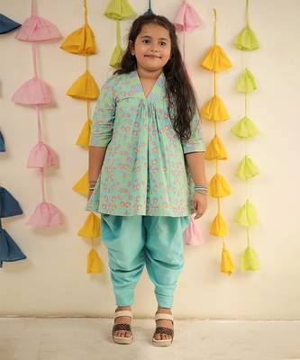 Blue block printed kurta set with dhoti pants. 1