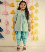 Blue block printed kurta set with dhoti pants.