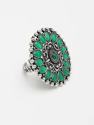 Women green silver-plated circular shape adjustable finger ring 3