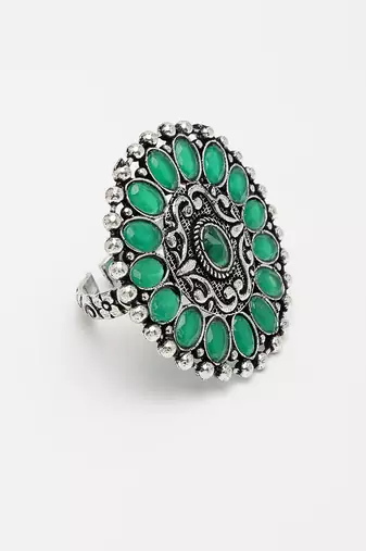 Women green silver-plated circular shape adjustable finger ring