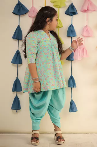 Blue block printed kurta set with dhoti pants.