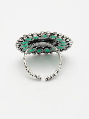 Women green silver-plated circular shape adjustable finger ring 4