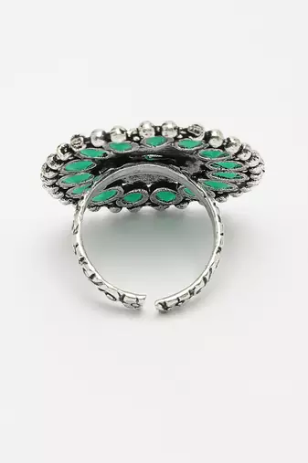 Women green silver-plated circular shape adjustable finger ring