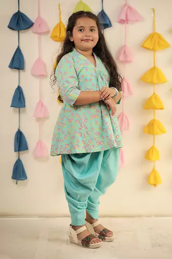 Blue block printed kurta set with dhoti pants.