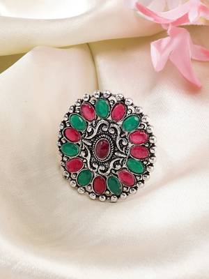 Women multicolor silver-plated circular shape adjustable finger ring 1