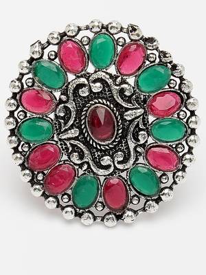 Women multicolor silver-plated circular shape adjustable finger ring 2